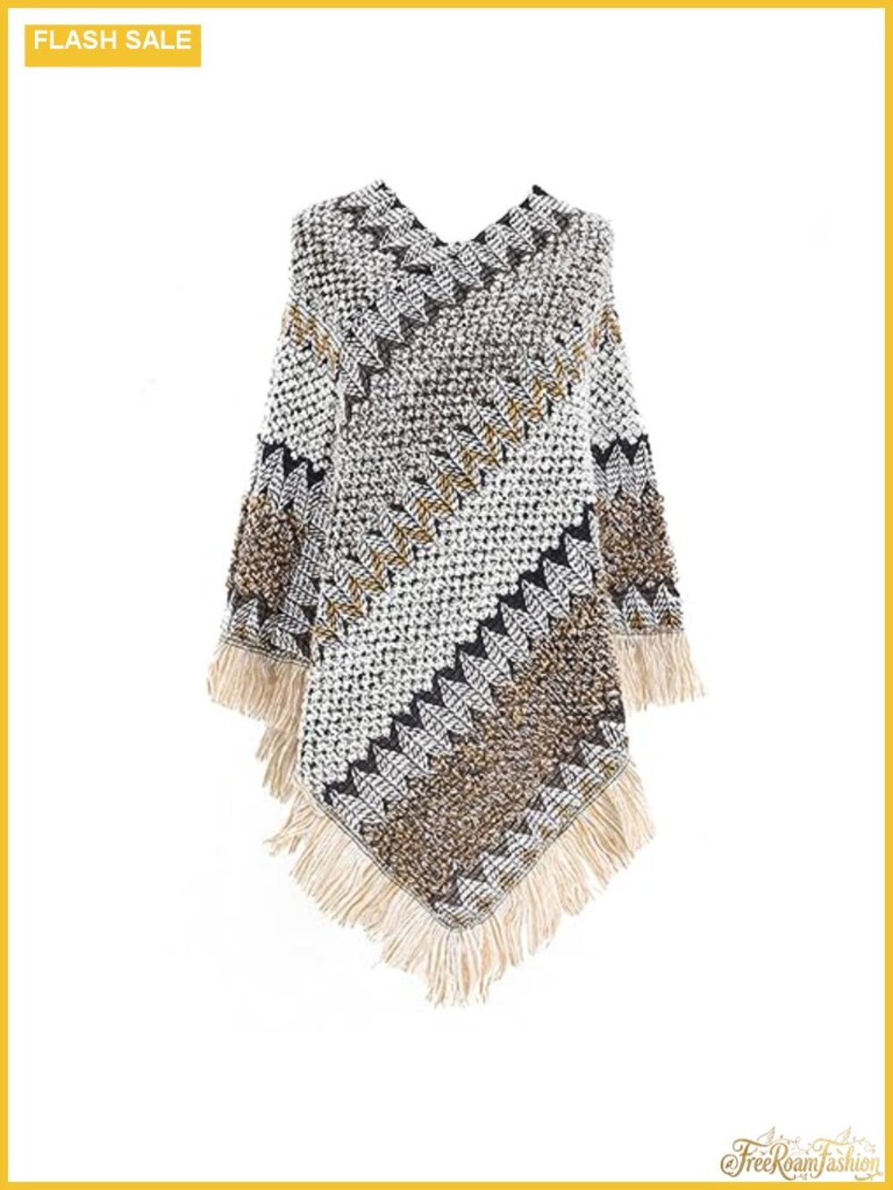Women's Poncho Sweater Zig Zag Knit Wrap Fringe Crochet Shawl Asymmetrical Cape